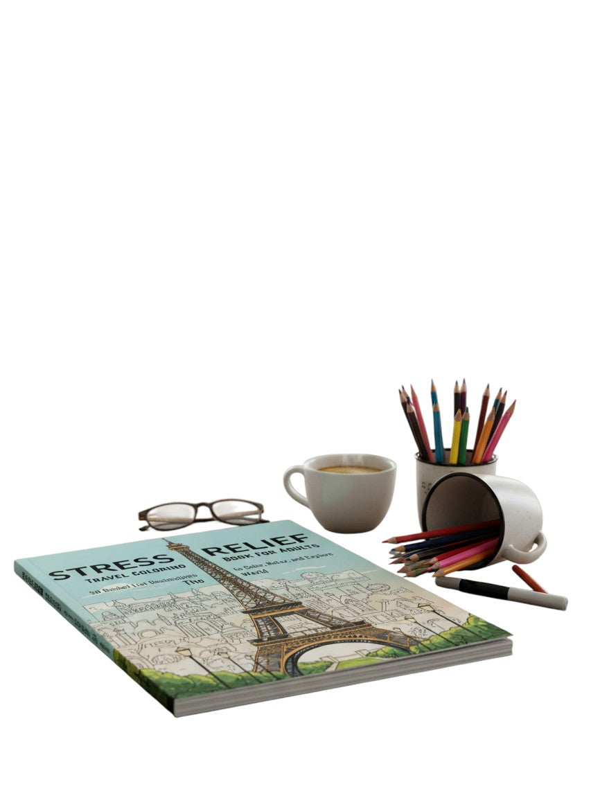 Thrive Collective Publishing Stress Relief Travel Coloring Book for Adults featuring the Eiffel Tower and 50 bucket list destinations.