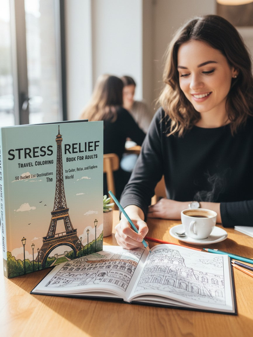 Thrive Collective Publishing Stress Relief Travel Coloring Book for Adults featuring the Eiffel Tower and 50 bucket list destinations.