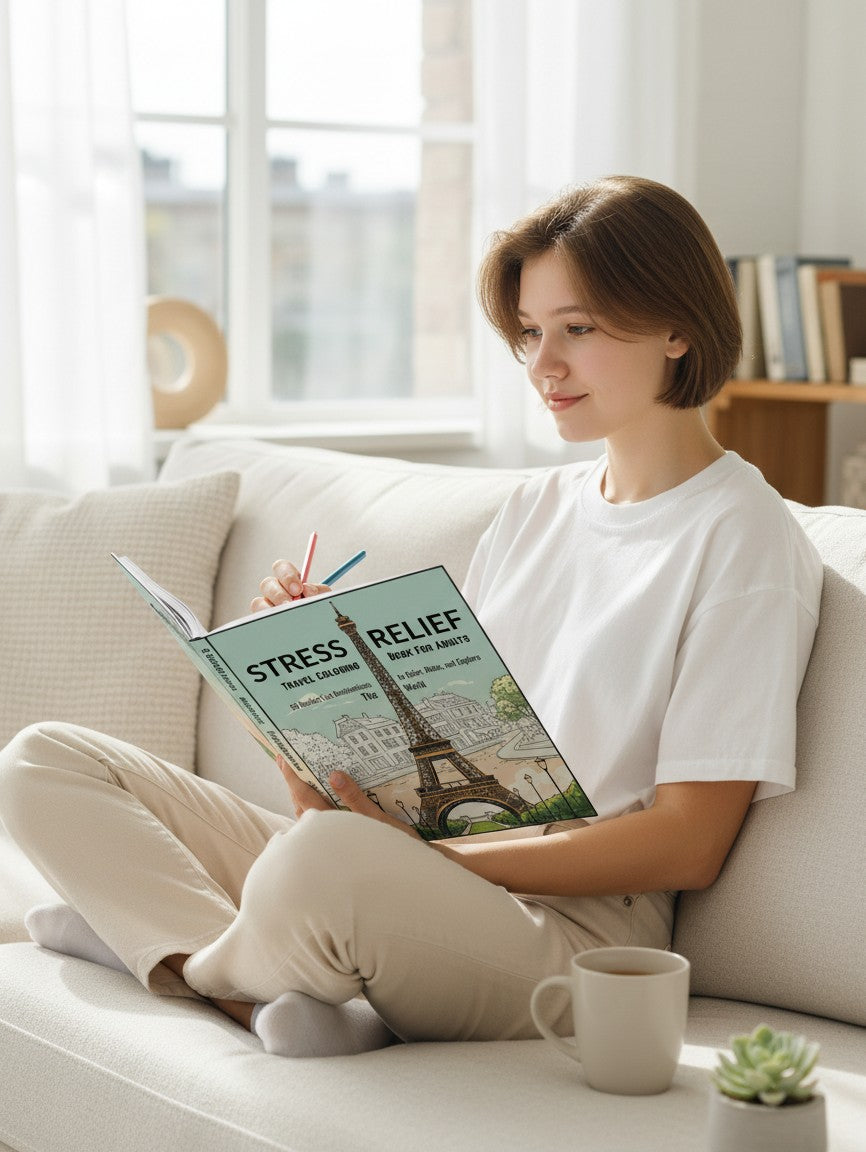 Thrive Collective Publishing Stress Relief Travel Coloring Book for Adults featuring the Eiffel Tower and 50 bucket list destinations.