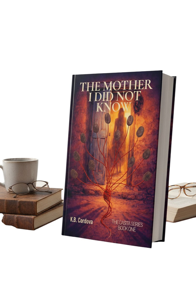 The Mother I Did Not Know by K.B. Cordova, a psychological suspense novel. Features a doorway with a shadowy figure and a tree-like structure with fingerprints.