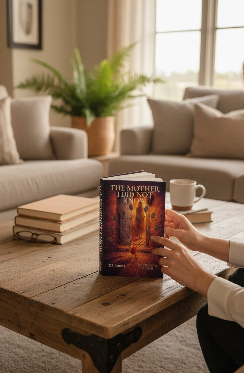 The Mother I Did Not Know book cover by Thrive Collective Publishing. Features a doorway with a shadowy figure, and a tree-like structure of red cords ending in fingerprints.
