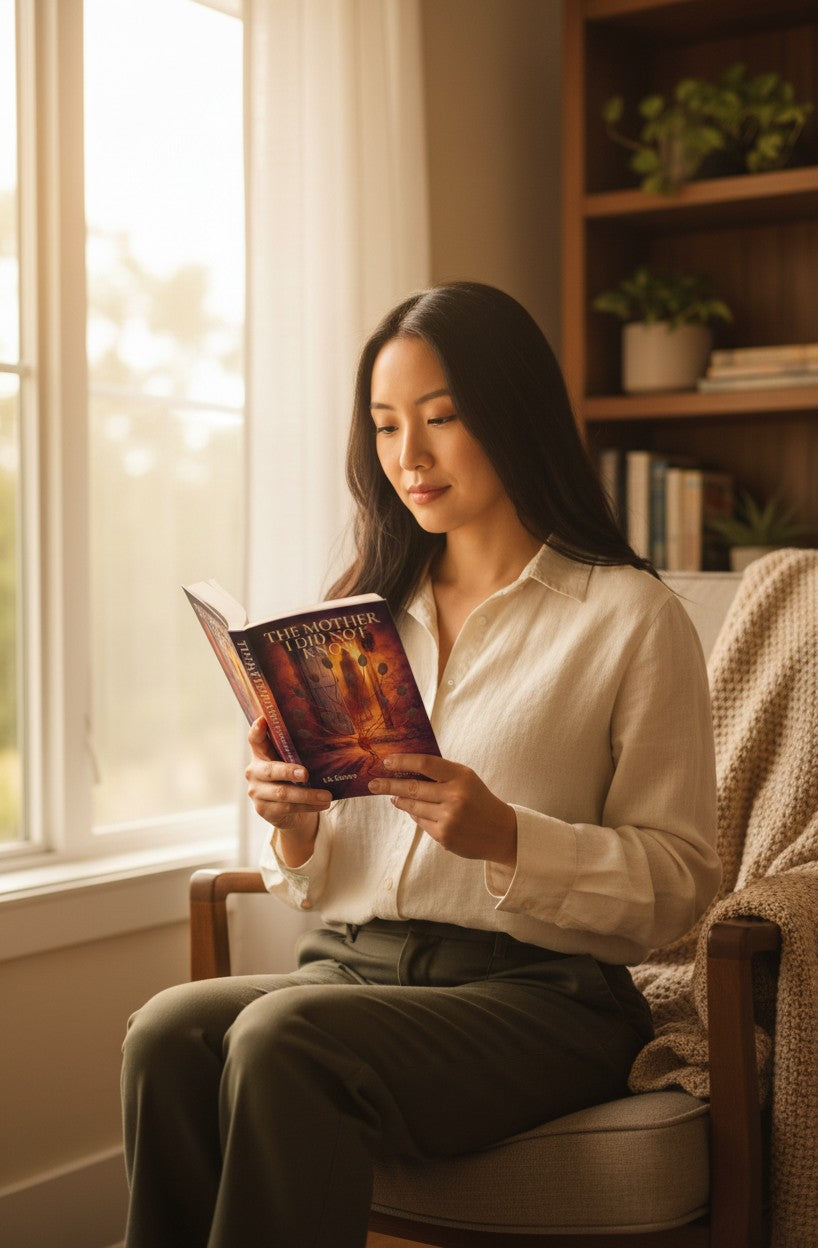 The Mother I Did Not Know by K.B. Cordova, Book One of The Casita Series. Features fingerprints on red strings leading to a doorway with a shadowy figure.