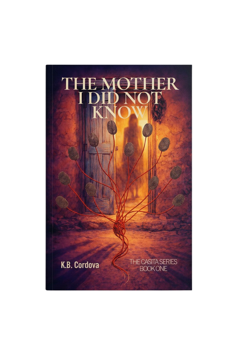 The Mother I Did Not Know by K.B. Cordova, Book One of The Casita Series. Features fingerprints on red strings leading to a doorway with a shadowy figure.