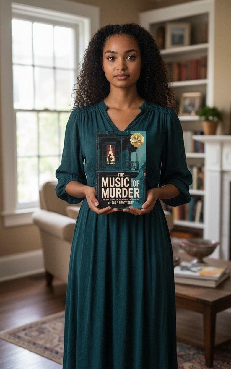 Thrive Collective Publishing presents The Music of Murder, a true crime book about the Axeman of New Orleans, held by a woman in a teal dress.