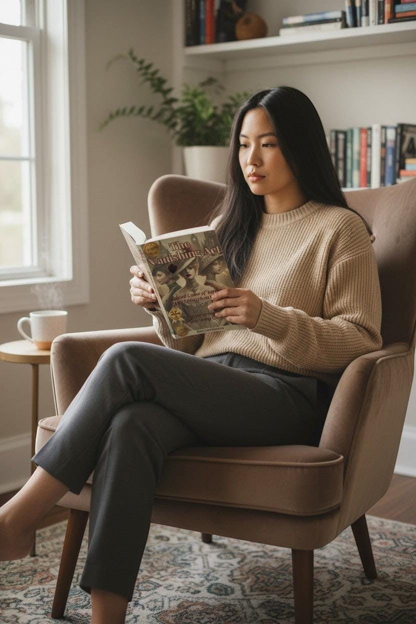 Thrive Collective Publishing The Vanishing Act book cover featuring three women in vintage hats. A woman reads it in a chair.