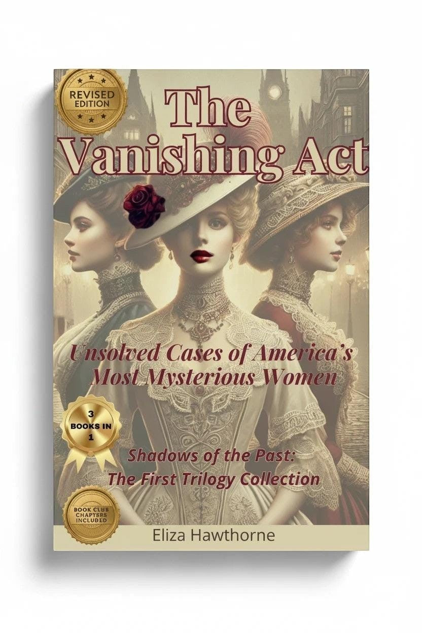 The Vanishing Act: Unsolved Cases of America's Most Mysterious Women by Eliza Hawthorne. Revised edition book cover featuring three women in vintage attire.