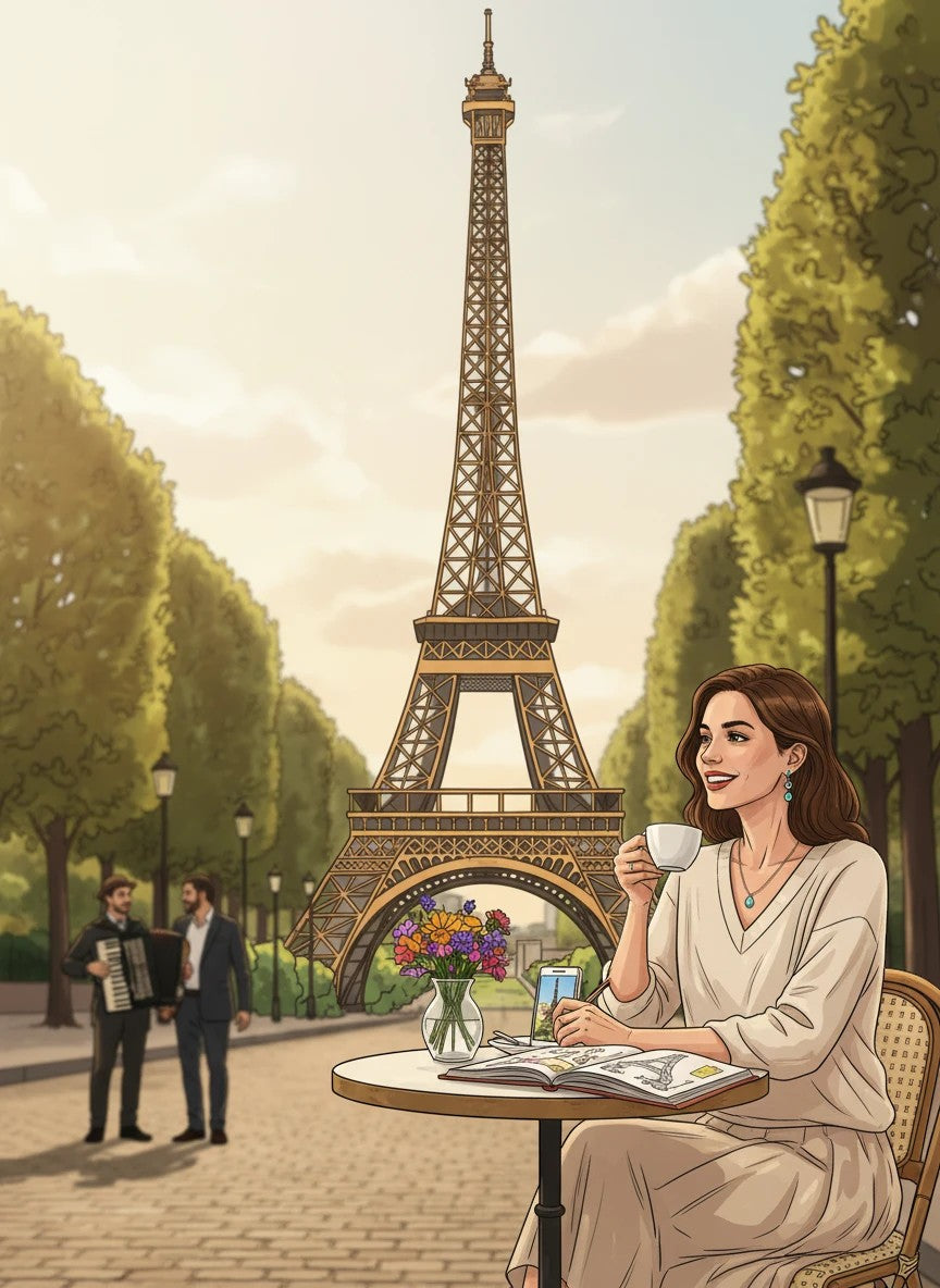 Thrive Collective Publishing Stress Relief Travel Coloring Book for Adults, Paris scene with Eiffel Tower, woman drinking coffee.