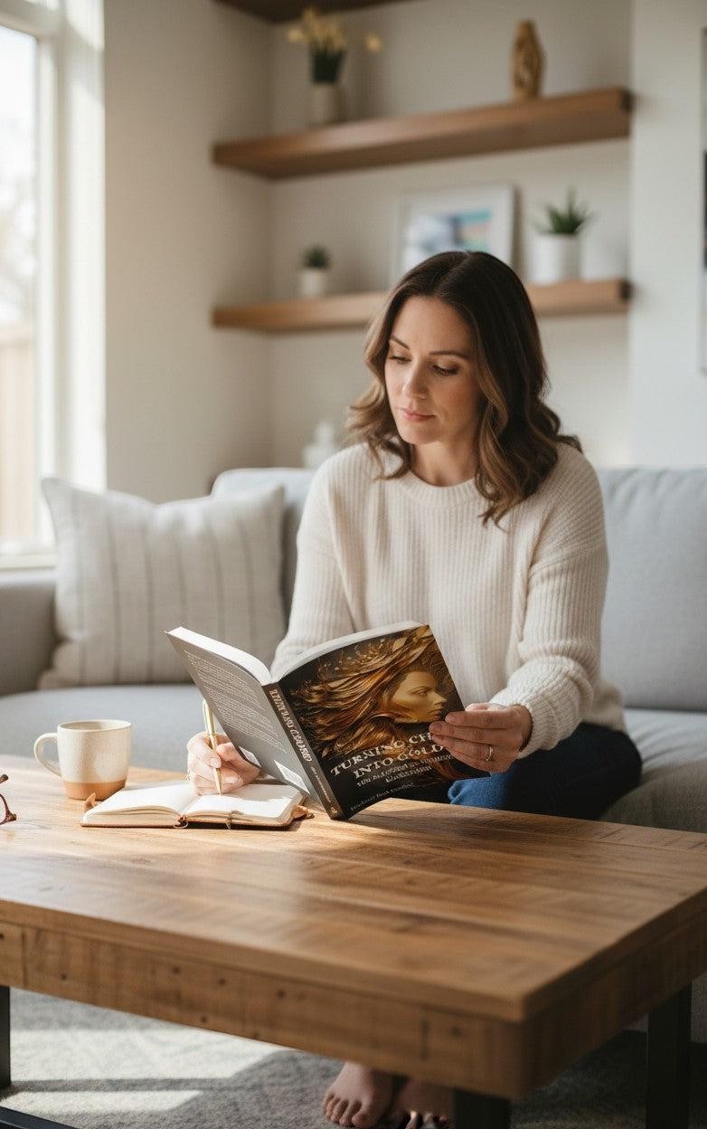 Thrive Collective Publishing's "Turning Chaos into Gold" paperback book by Kimberly Burk Cordova, read by a woman on a couch.