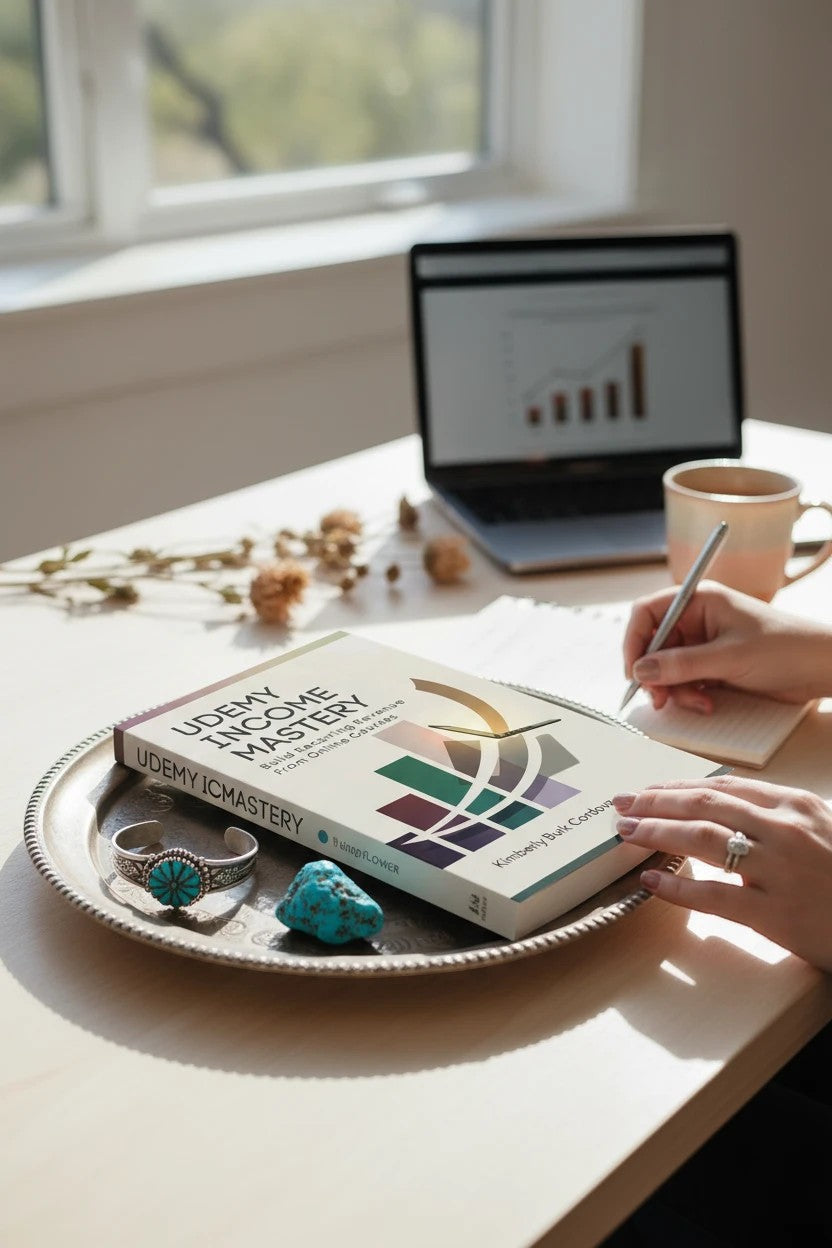 Udemy Income Mastery book by Thrive Collective Publishing, teaching recurring revenue from online courses. Features a graphic of rising bars.