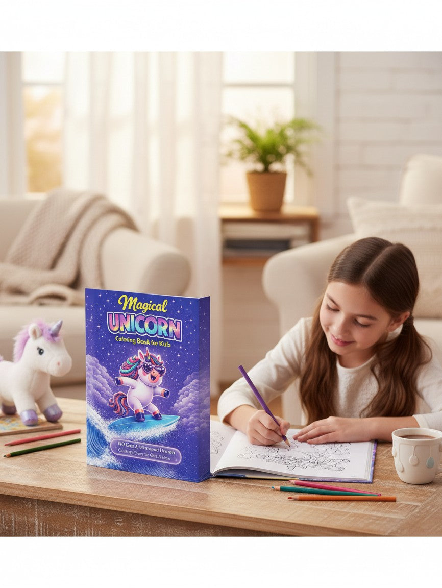 Thrive Collective Publishing Magical Unicorn Coloring Book for Kids: 100 cute unicorn pages for ages 4-12. Features a unicorn surfing a wave.