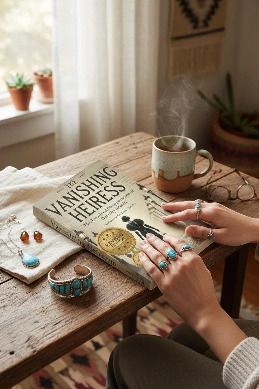 Thrive Collective Publishing The Vanishing Heiress book cover, detailing Dorothy Arnold's unsolved disappearance. Turquoise jewelry on table.