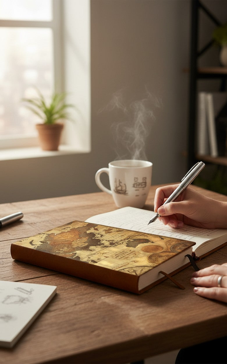 Thrive Collective Publishing Just Write Vintage Maps journal cover with antique world map design in brown and beige tones.