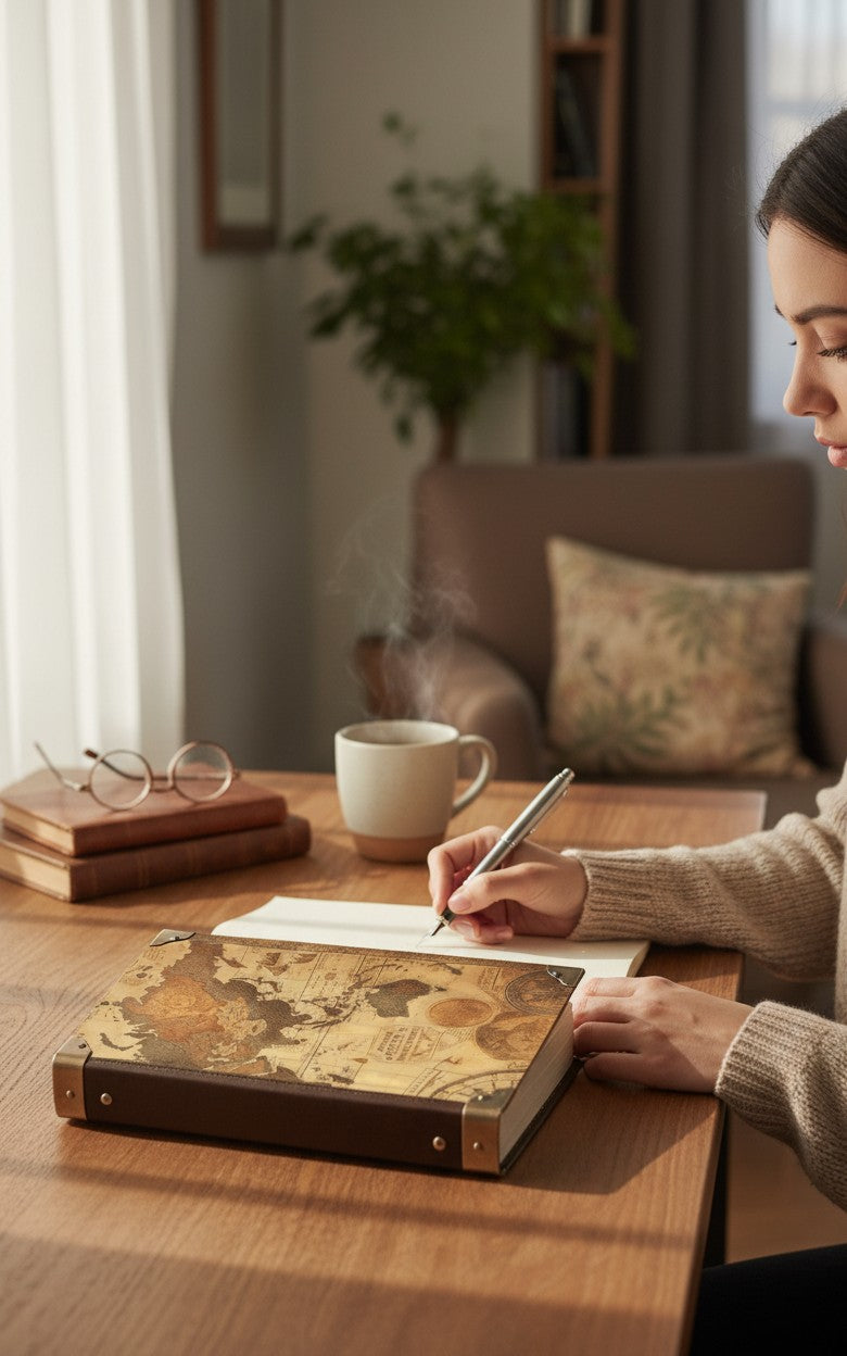 Thrive Collective Publishing Just Write journal cover with vintage world map design in sepia tones. Features antique cartography.