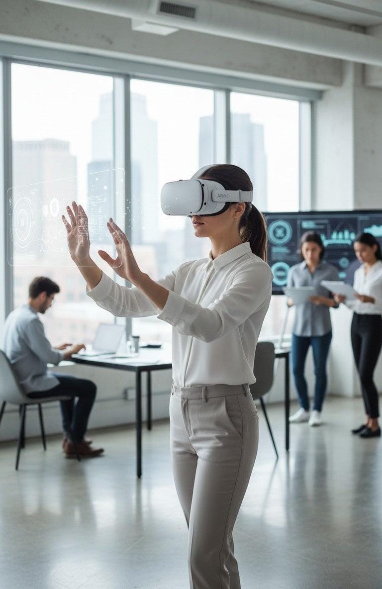 Thrive Collective Publishing Augmented and Virtual Reality for Entrepreneurs book cover. Woman wearing VR headset interacting with holographic display.