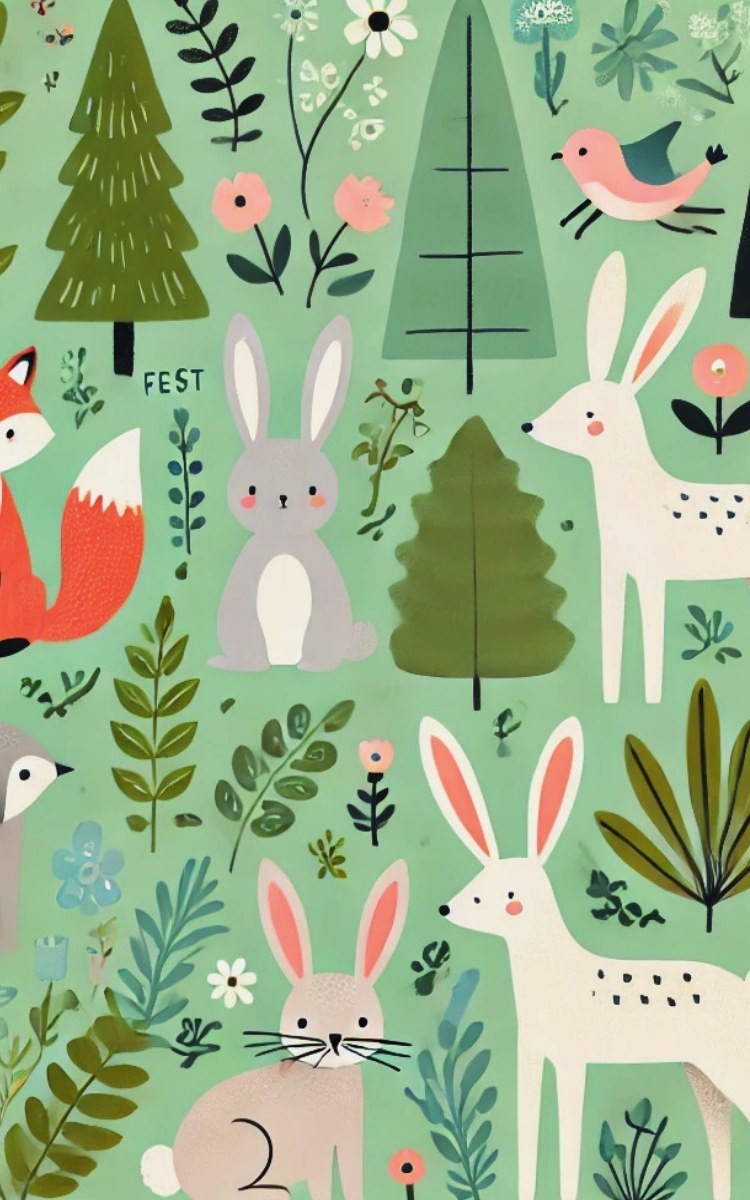 Thrive Collective Publishing Whimsical Forest journal cover with bunnies, deer, fox, bird, trees, and flowers on a mint green background.