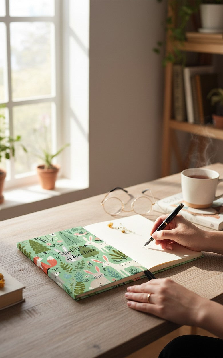 Thrive Collective Publishing Whimsical Forest journal cover with bunnies, foxes, deer, birds, trees, and flowers on a green background.