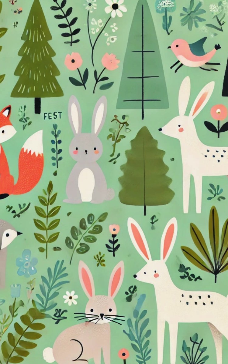 Thrive Collective Publishing Whimsical Forest journal cover with bunnies, foxes, deer, birds, trees, and flowers on a mint green background.
