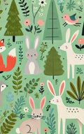 Thrive Collective Publishing Whimsical Forest journal cover with bunnies, foxes, deer, birds, trees, and flowers on a mint green background.