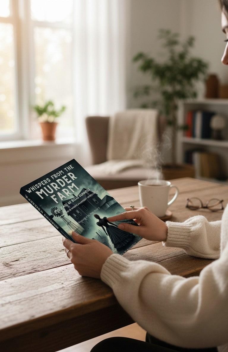 Thrive Collective Publishing's "Whispers from the Murder Farm" book cover, detailing the case of Belle Gunness, a female serial killer.