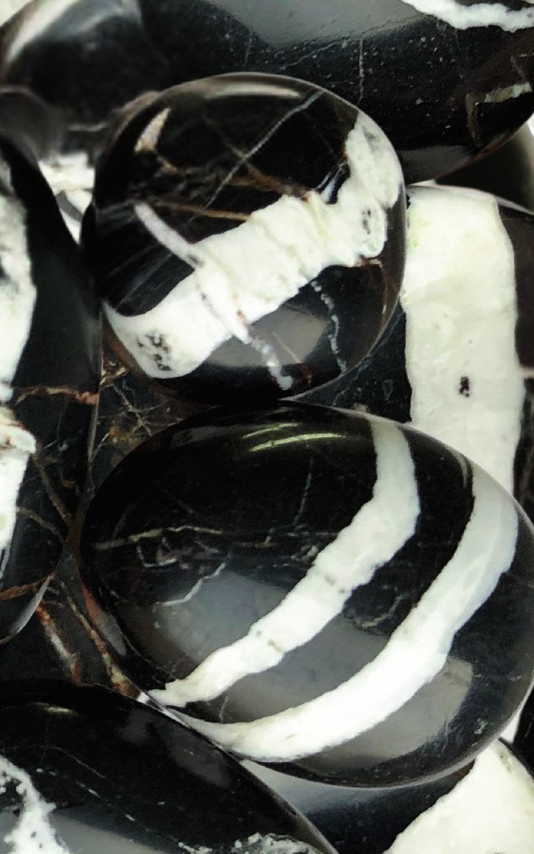 Thrive Collective Publishing Turquoise Trails: A Jewelers' Journal White Buffalo Edition, black and white striped stones.