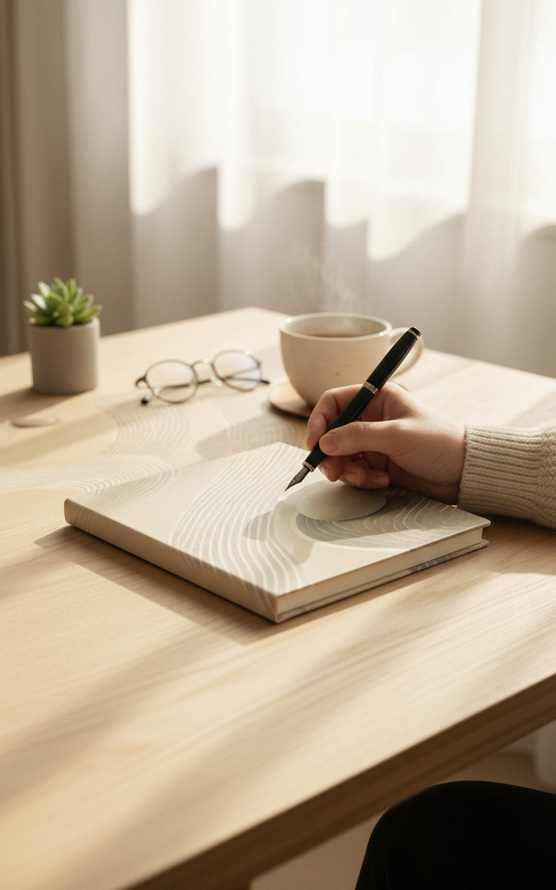 Thrive Collective Publishing Just Write Zen Garden journal cover with sand ripples and a smooth stone.